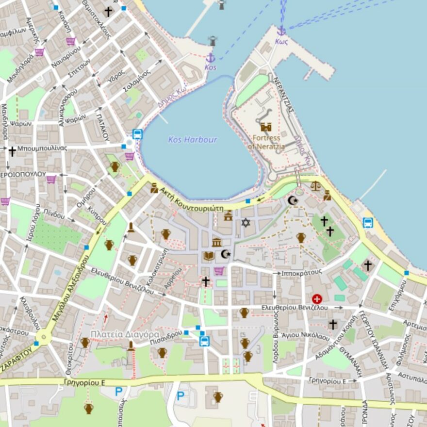 Map showing archaeological signs marked by amphora icons. Map is courtesy of OSM/OpenStreetMap and used according to their license rules.